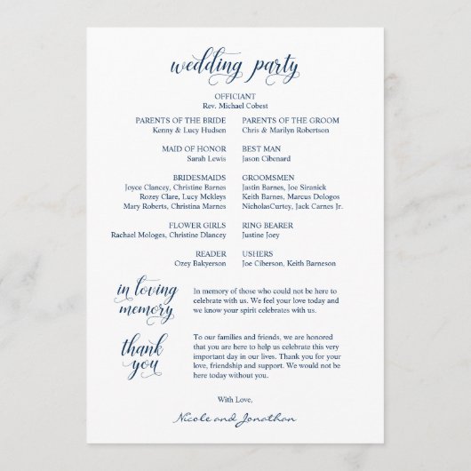 Elegant Navy Classy Script, huwelijksceremonie Programma (Achterkant)