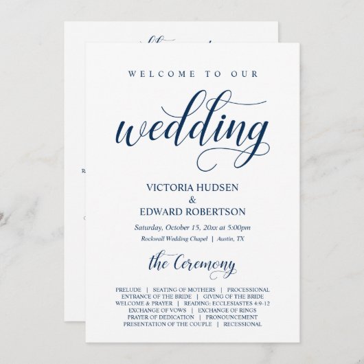 Elegant Navy Classy Script, huwelijksceremonie Programma (Voorkant / Achterkant)
