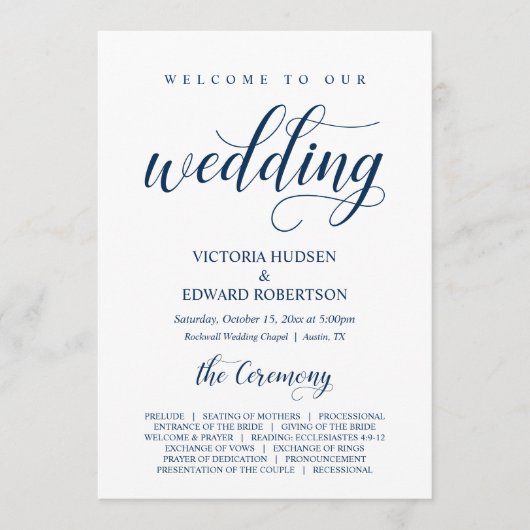 Elegant Navy Classy Script, huwelijksceremonie Programma (Voorkant)