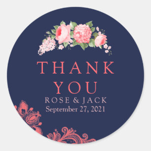 Elegant Navy & Coral Lace Dank u Stickers