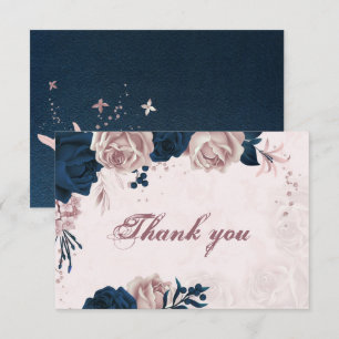 Elegant Navy & Dusty roos Bloemen Botanisch Dank Bedankkaart