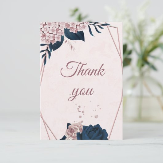 Elegant Navy & Dusty roos Flowers Geometrisch dank Bedankkaart (Staand voorkant)