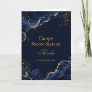 Elegant Navy en Goud Alcohol Ink Sweet Sixteen Kaart