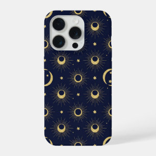 Elegant Navy en Gouden Hemelmaan & Zon Patroon iPhone 15 Pro Hoesje