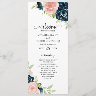 Elegant Navy en Roze Roze Bloemige Bruiloft Programma
