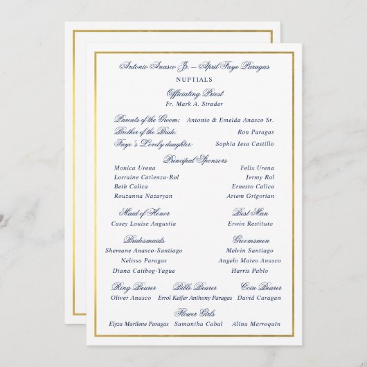 Elegant Navy Faux Gold Border Custom Entourage Kaart (Voorkant / Achterkant)