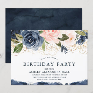 Elegant Navy Floral Gold Blush Birthday Party Kaart
