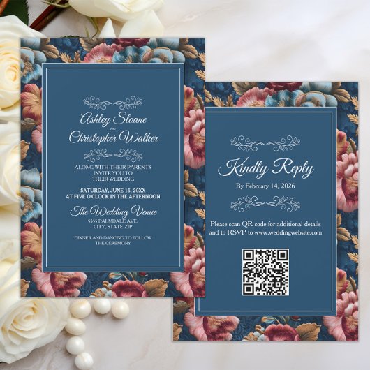Elegant Navy Floral Teal RSVP QR code Wedding Kaart
