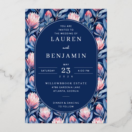 Elegant Navy Floral Wedding Invitation (Recto)