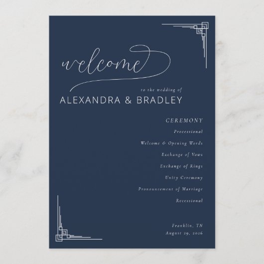 Elegant Navy Geometric Wedding Ceremony Schedule Programma (Voorkant)