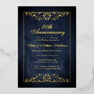 Elegant Navy Gold 50ste bruiloft Jubileum Folie Uitnodiging