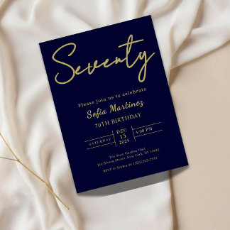 Elegant Navy & Gold 70th Birthday Invitation Kaart