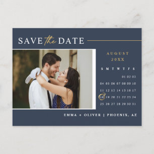 Elegant Navy Gold Bewaar de datum Kalender QR Code Briefkaart