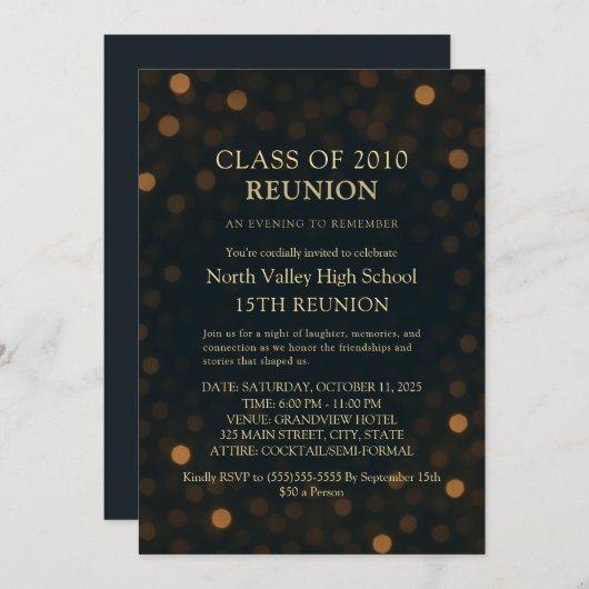 Elegant Navy Gold Bokeh 15th Reunion Invite Kaart (Voorkant / Achterkant)