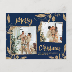Elegant Navy Gold Botanical 2-foto met kerstmis Briefkaart