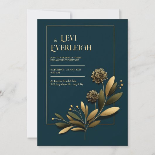Elegant Navy Gold Botanical Wedding Kaart (Voorkant)