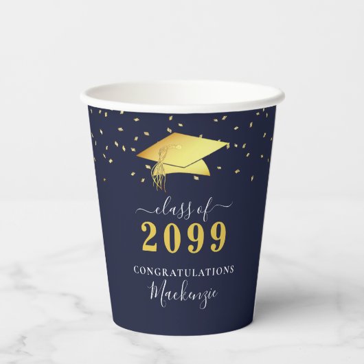 Elegant Navy Gold Confetti Script Afstuderen Papieren Bekers (Achterkant)