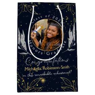 Elegant Navy Gold Felicitaties Afstuderen Medium Cadeauzakje