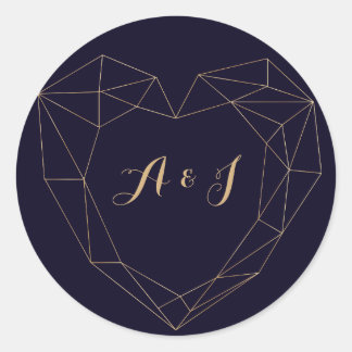 Elegant Navy Gold Geometrisch Hart Lijst Bruiloft Ronde Sticker