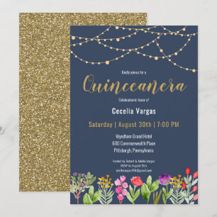 Elegant Navy/Gold Glitter Floral Quinceanera Kaart