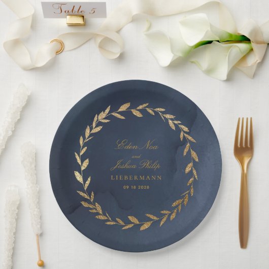 Elegant Navy & Gold Olive Branch Wreath Wedding Papieren Bordje (Huwelijk)