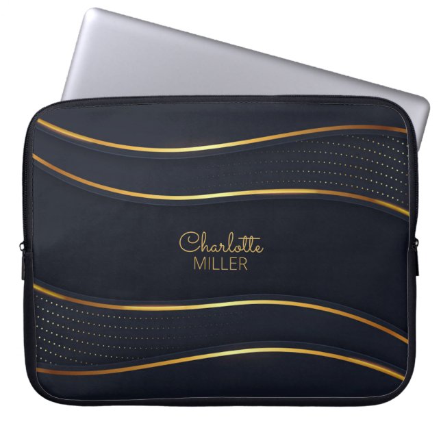Elegant Navy-Gold Wavy Lines en Aanpassing Laptop Sleeve (Voorkant)