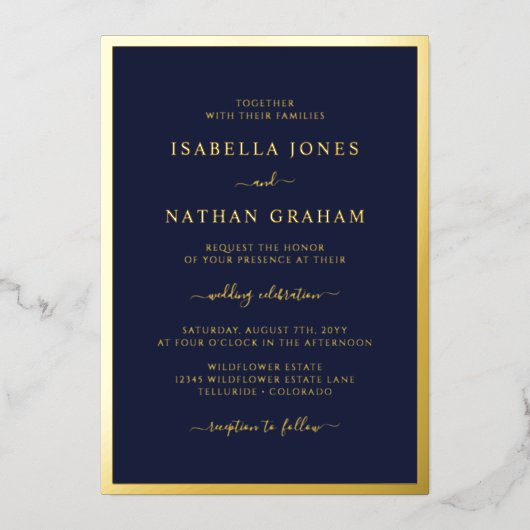 Elegant Navy Gold Wedding Folie Uitnodiging (Voorkant)