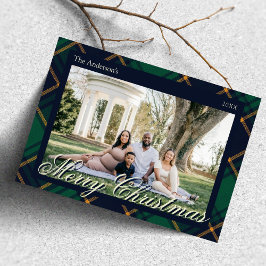 Elegant Navy Green Plaid Christmas Feestdagenkaart