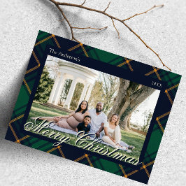 Elegant Navy Green Plaid Christmas Feestdagenkaart