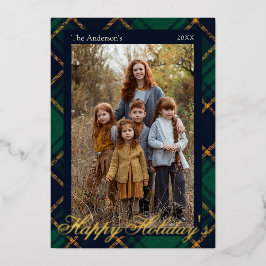 Elegant Navy Green Plaid Holidays Golden Folie Feestdagenkaart