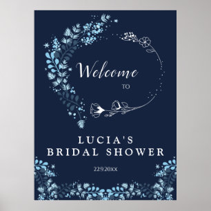 Elegant Navy Monogram Floral Bruiloft Feest Welkom Poster