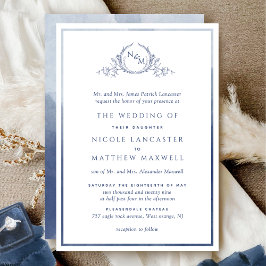 Elegant Navy Monogram Formele Waterverf Wedding Kaart