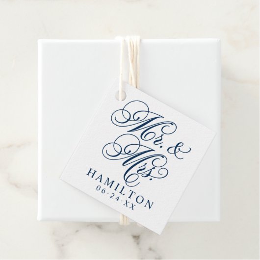Elegant Navy Mr en Mrs Script Custom Monogram Bedankjes Labels (In situ)