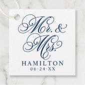 Elegant Navy Mr en Mrs Script Custom Monogram Bedankjes Labels (Voorkant)
