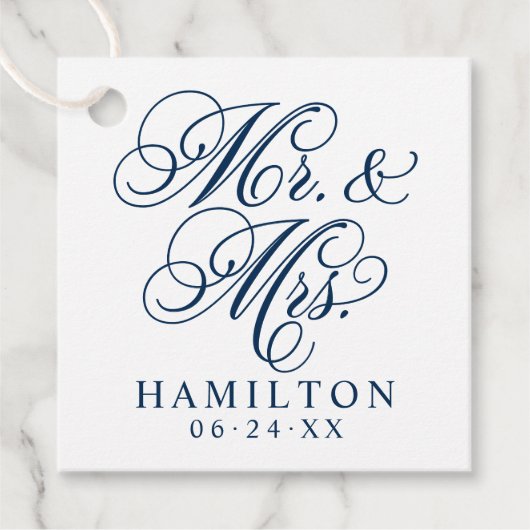 Elegant Navy Mr en Mrs Script Custom Monogram Bedankjes Labels (Voorkant)