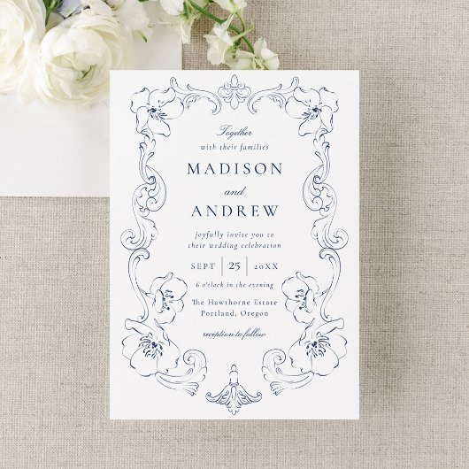 Elegant Navy Ornate Floral Frame Wedding Kaart