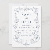 Elegant Navy Ornate Floral Frame Wedding Save The Date (Voorkant)