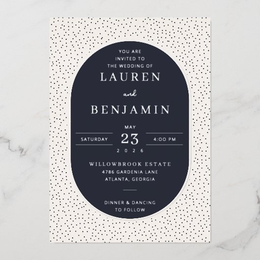 Elegant Navy Polka Dot Wedding Invitation (Recto)