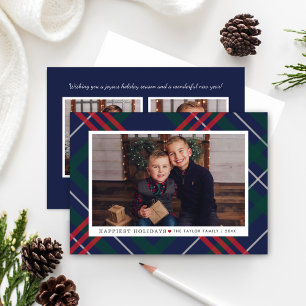 Elegant Navy Red Green Tartan Pset Multi Photo Feestdagenkaart