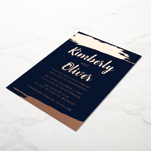 Elegant Navy Roos Gold bruged Weddenschap Folie Uitnodiging (Gedraaid)