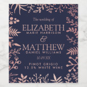 Elegant Navy & Roos Gold Floral Wedding Collectie Wijn Etiket (Enkel label)