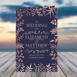 Elegant Navy & Roos Gold Floral Wedding Programme