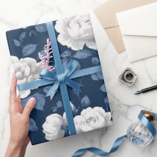 Elegant Navy Roos Witte Bloemmotief Cadeaupapier