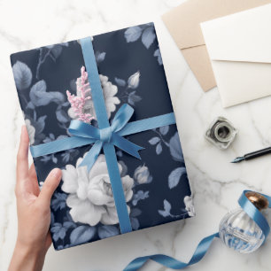 Elegant Navy Roos Witte Bloemmotief Cadeaupapier