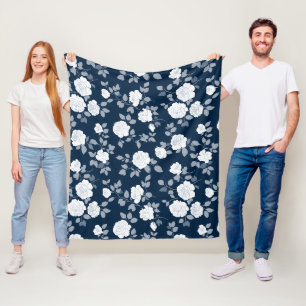 Elegant Navy Roos Witte Bloemmotief Fleece Deken