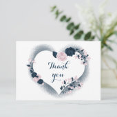 Elegant Navy & roze bloemenhart Bedankkaart (Staand voorkant)