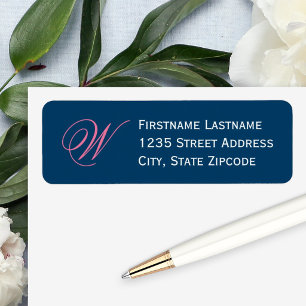 Elegant Navy Roze Script Monogram Adres Etiket