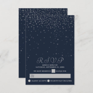 Elegant Navy & Silver Falling Stars Wedding RSVP Kaartje