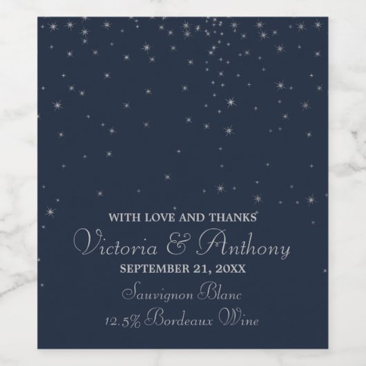 Elegant Navy & Silver Falling Stars Wedding Wijn Etiket (Enkel label)