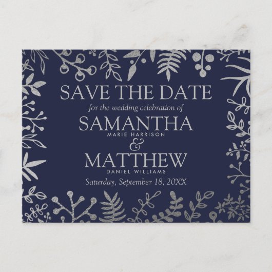 Elegant Navy & Silver Floral Wedding Aankondigingskaart (Voorkant)
